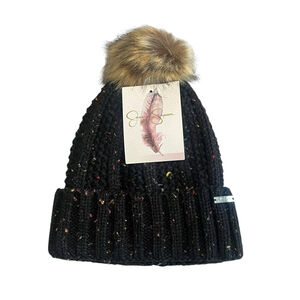 Jessica Simpson Beanie Hat Black Knit Faux Fur Pom OS